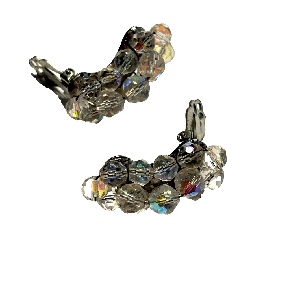 Vintage Mid Century Clear Crystal Clip On Earrings Silvertone Crescents Glam - Picture 4 of 8